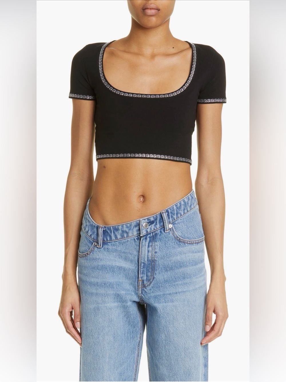 NWOT Alexander Wang Crystal Logo Embellished Trim Cropped Scoop Neck Crop Top XS